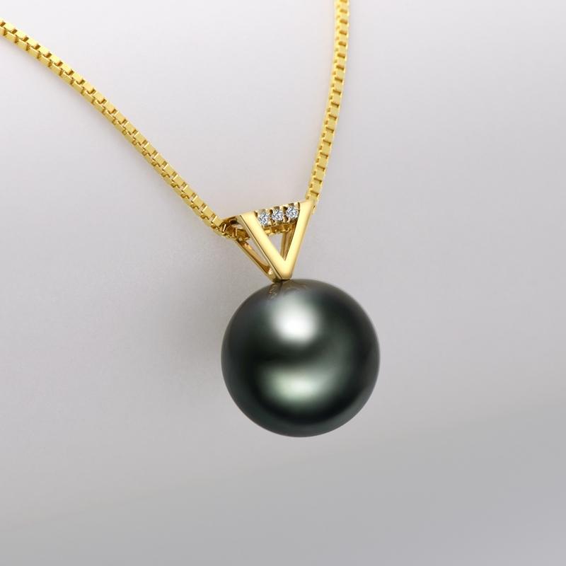 18k Gold Natural Cultured Tahitian Black Pearl Diamond Pendant Necklac with Silver Chain