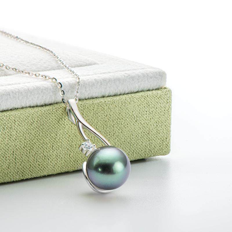 High Luster Sterling Silver 9.5-10mm Tahitian Black Pearl Pendant Necklace