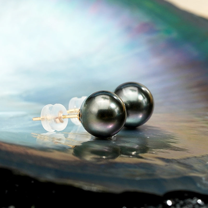 18K Gold Tahitian Natural Black Pearl Stud Earrings