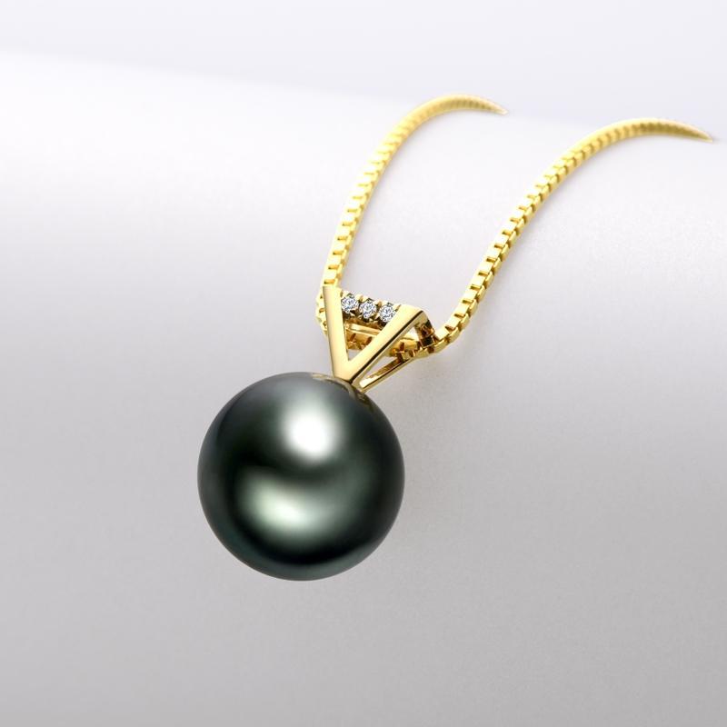 18k Gold Natural Cultured Tahitian Black Pearl Diamond Pendant Necklac with Silver Chain