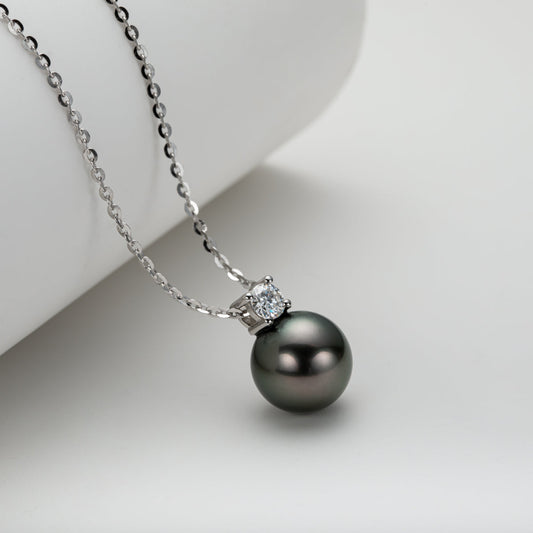 Yowting  9-10mm Natural Black Pearl 0.3ct Moissanite Necklace