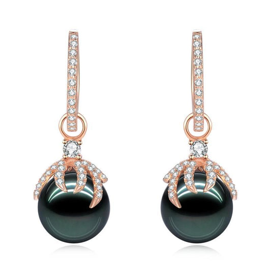 18K Solid Gold Natural 0.48ct Diamond Tahitian Black Pearl 9mm Earrings