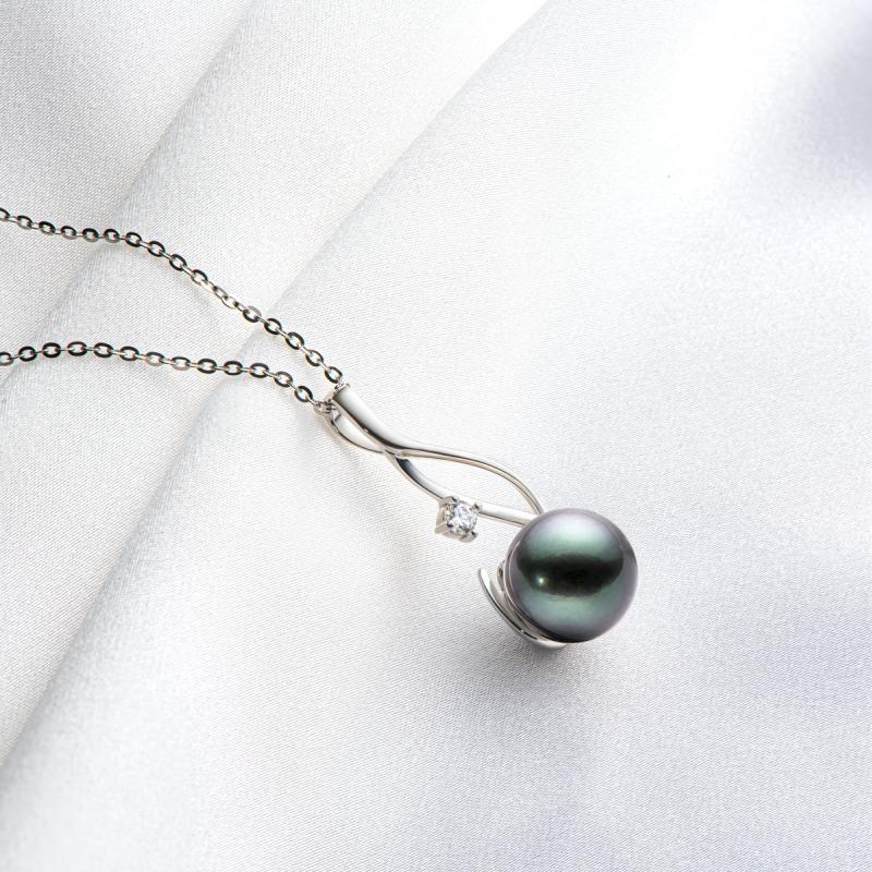 High Luster Sterling Silver 9.5-10mm Tahitian Black Pearl Pendant Necklace