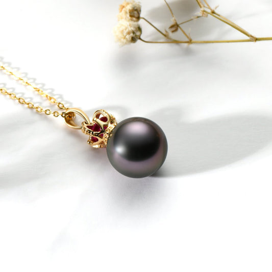 18K Gold Royal Crown Ruby Black Tahiti Pearl Pendant Necklace