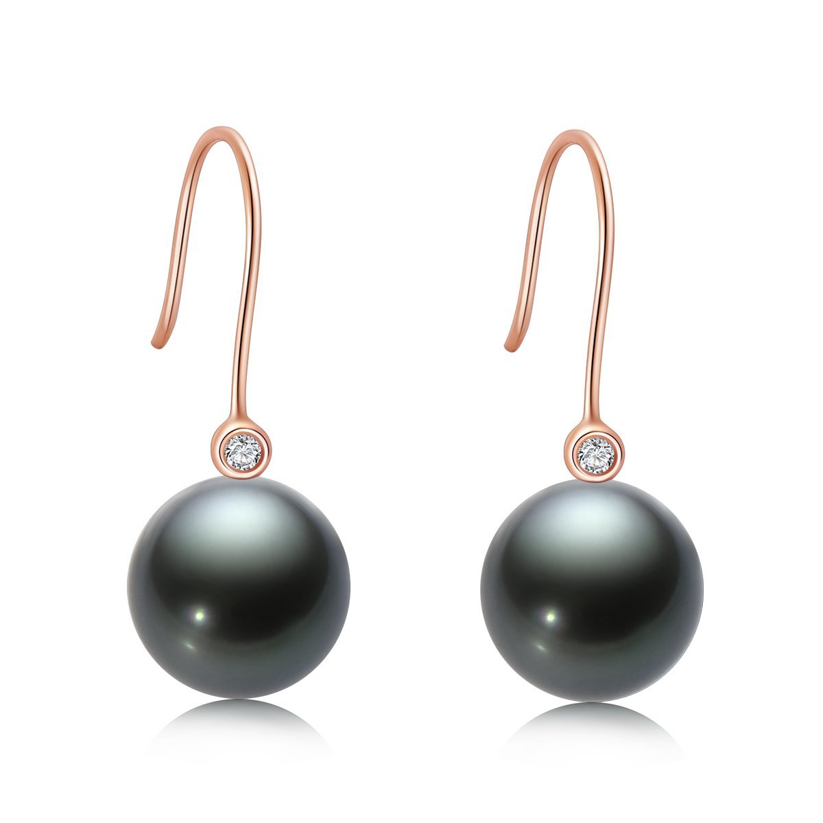 18K Gold Natural Tahitian Black Pearl Diamond Hook Earrings