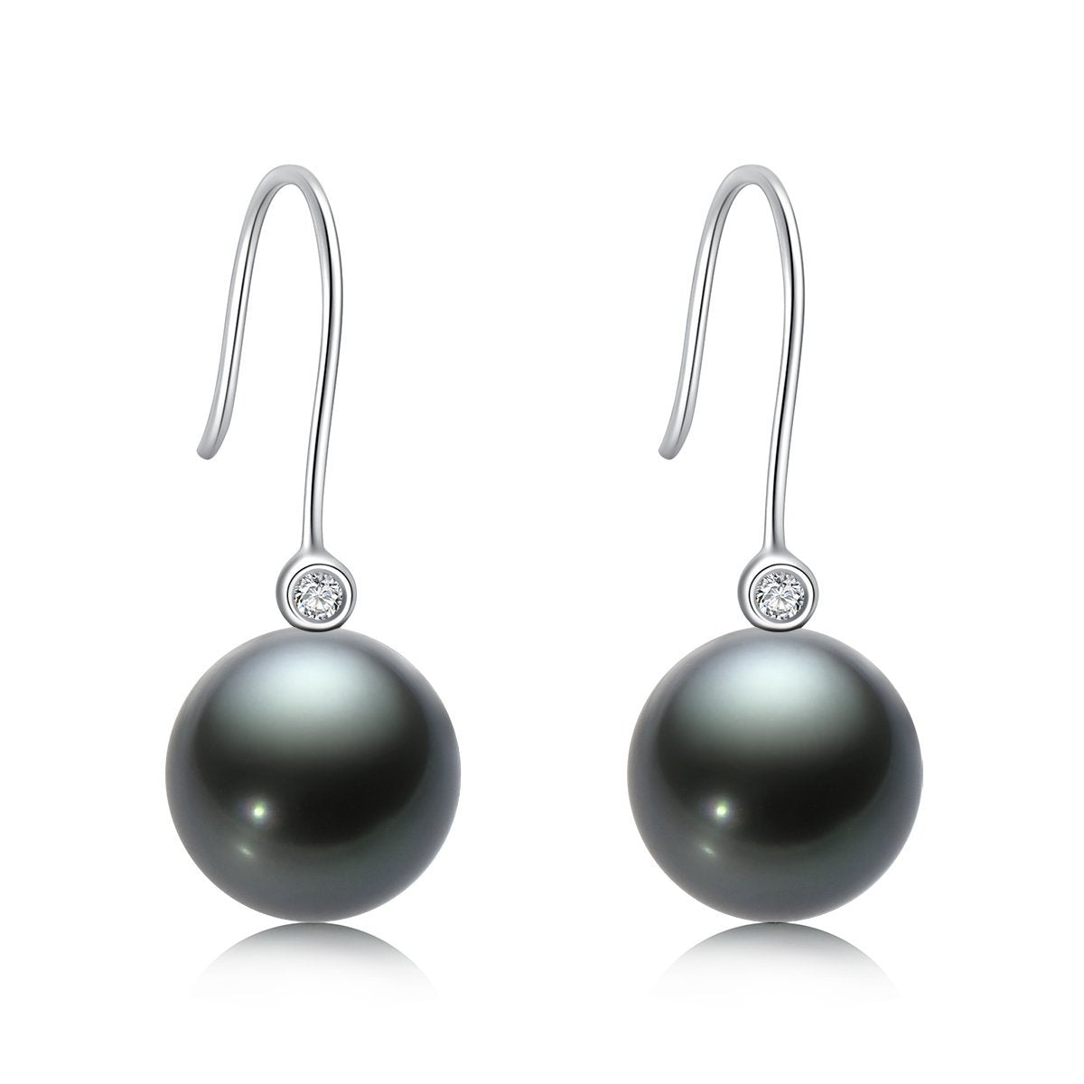 18K Gold Natural Tahitian Black Pearl Diamond Hook Earrings