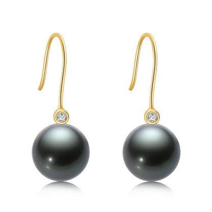 18K Gold Natural Tahitian Black Pearl Diamond Hook Earrings