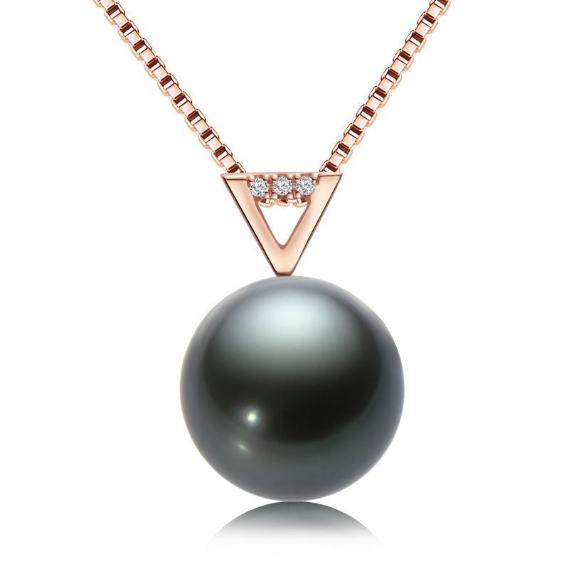 18k Gold Natural Cultured Tahitian Black Pearl Diamond Pendant Necklac with Silver Chain