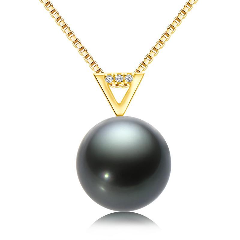 18k Gold Natural Cultured Tahitian Black Pearl Diamond Pendant Necklac with Silver Chain