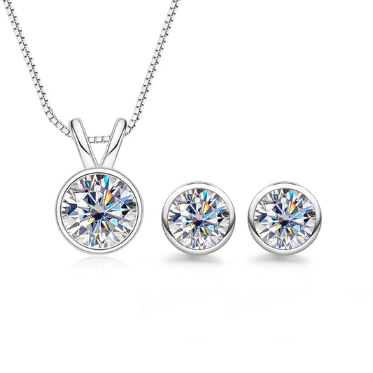 2CT Moissanite Bezel Necklace 1CT Moissanite Earrings 925 Sterling Silver Jewelry