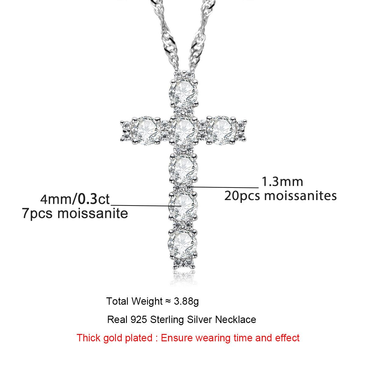 4MM 2.1 Carat D Color Moissanite Diamond Cross Pendant Necklace 925 Sterling Silver