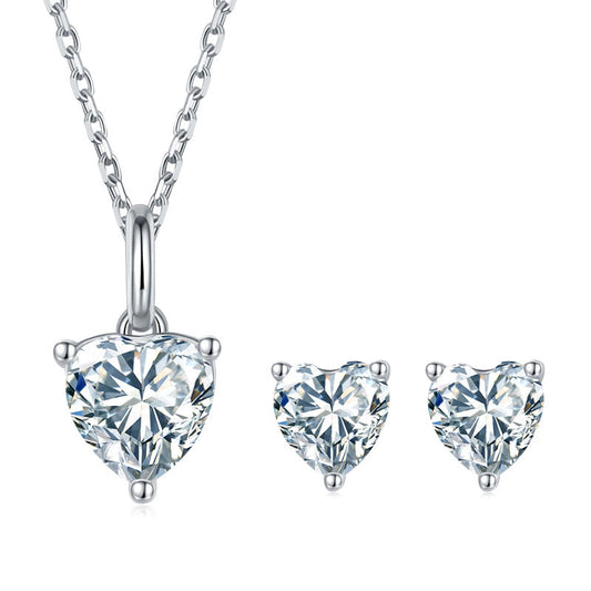 D Color Heart Moissanite 18K White Gold Plated  Pendant Necklace Earrings Set