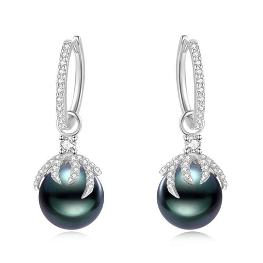 18K Solid Gold Natural 0.48ct Diamond Tahitian Black Pearl 9mm Earrings