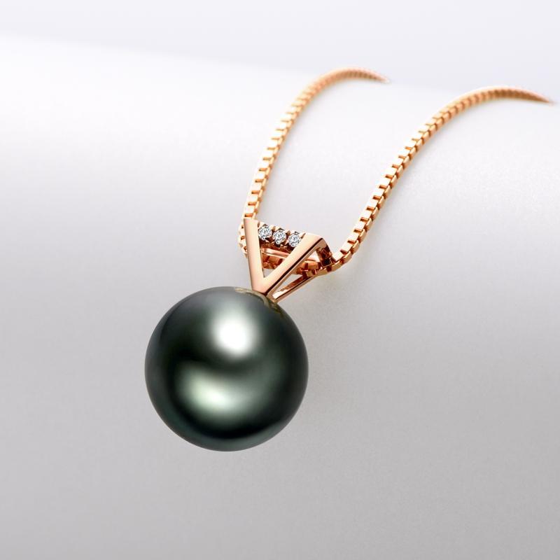 18k Gold Natural Cultured Tahitian Black Pearl Diamond Pendant Necklac with Silver Chain