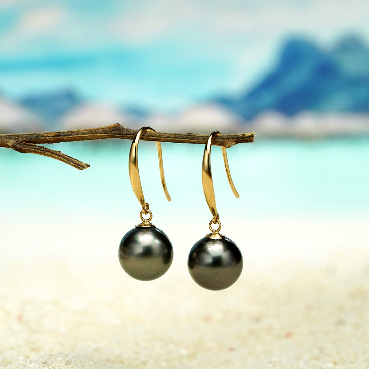 Yowting 18K Gold Round Natural Tahitian Cultured Black Pearl  Women Earrings