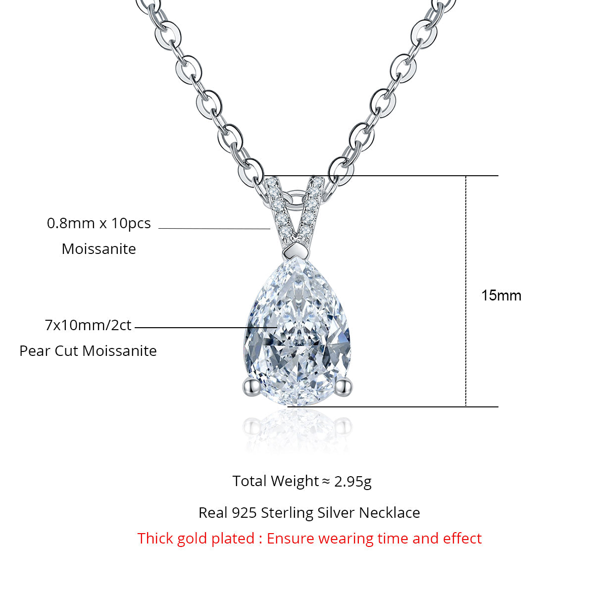 2.0CTTW D Color Pear Cut  Teardrop Moissanite Pendant  Neckalce 925 Sterling Silver Necklace